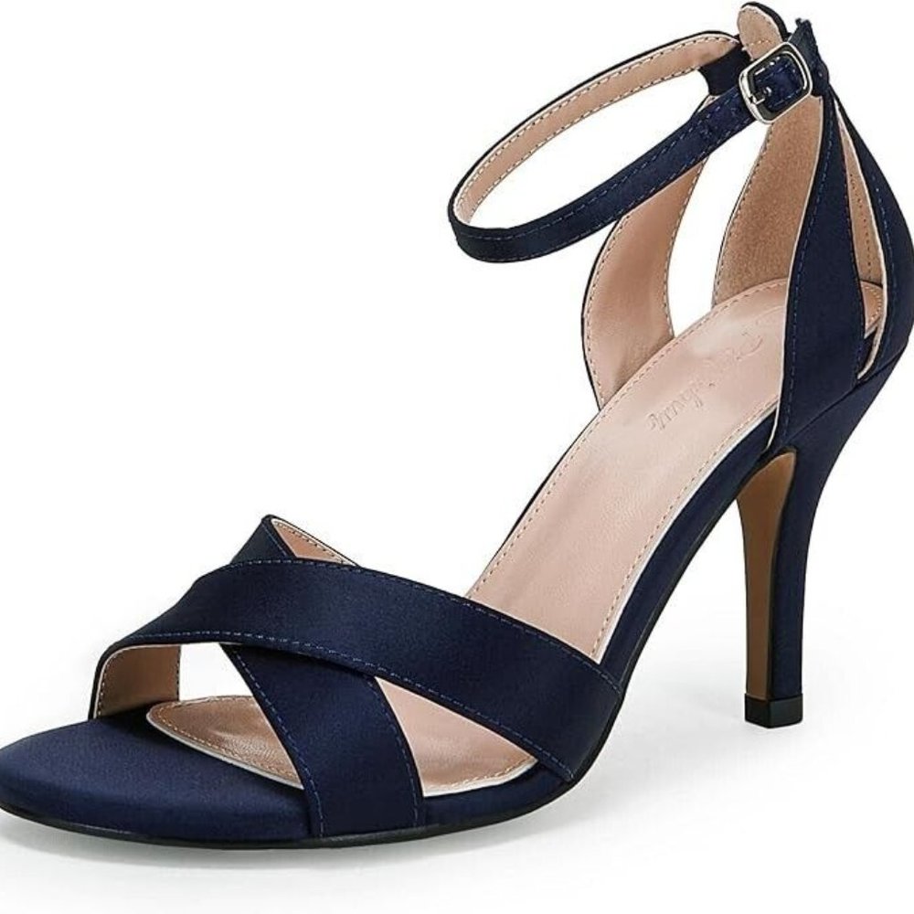PIE PIE Womens Navy Blue Strappy Open Toe Ankle Strap Heel sz 5